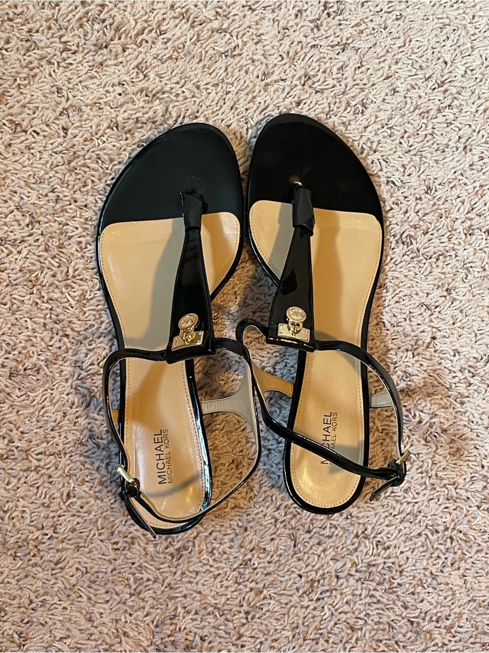 Michael Kors Black Patent T-Strap Sandals with Gold Logo